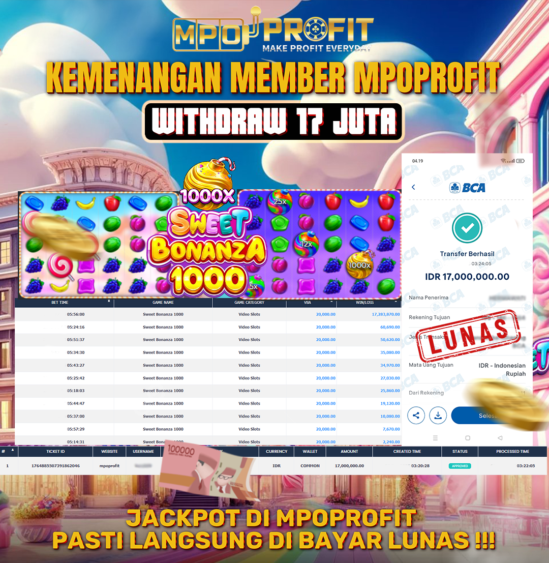 MPOPROFIT JACKPOT SLOT PRAGMATIC PLAY! KEMENANGAN MURNI DI (SWEET BONANZA 1000 TOTAL RP. 17.000.000,- LUNAS)